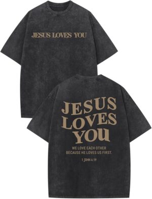 Jesus Loves You Shirts for Men Religious Oversized Graphic Tees Jesus Faith Acid Wash T Shirt God Top