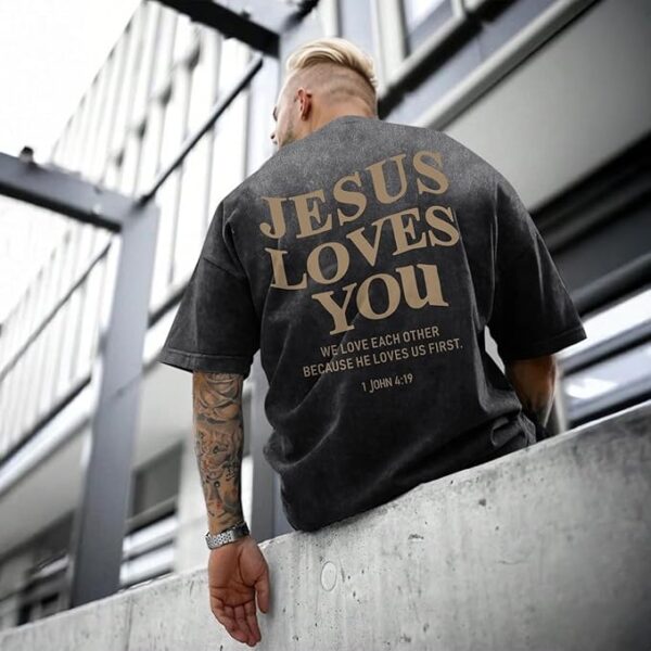 Jesus Loves You Shirts for Men Religious Oversized Graphic Tees Jesus Faith Acid Wash T Shirt God Top